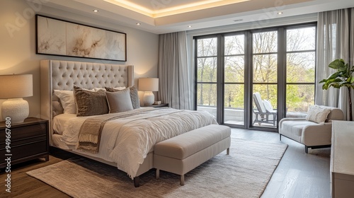 Luxurious bedroom with comfortable furnishings, elegant decor, and a serene setting, designed for relaxation and beauty