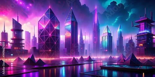 Surreal neon futuristic cityscape with geometric 3D structures, misty fog, vibrant purple hues, and sleek metallic textures, evoking a sense of modernity and innovation. photo