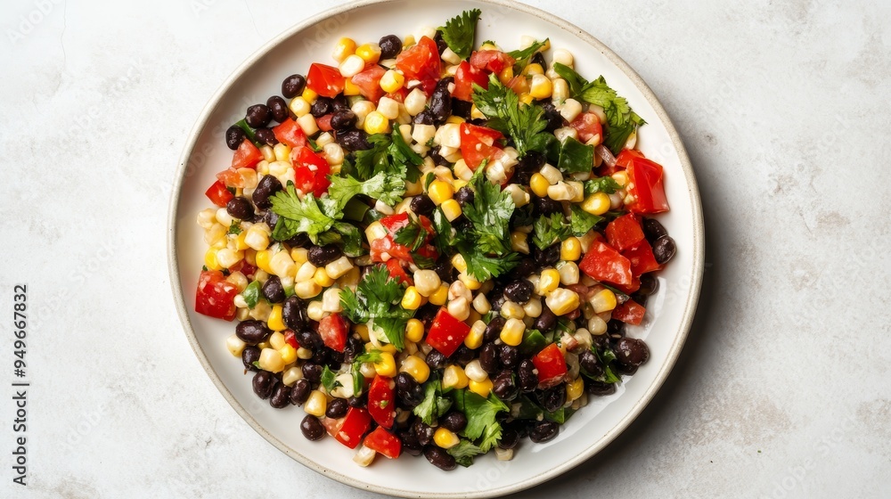 A vibrant and fresh black bean and corn salad with cilantro and tomatoes, perfect for a light and healthy meal. The minimalist photography highlights the natural beauty of the ingredients, symbolizing A vibrant and fresh black bean and corn salad with cilantro and tomatoes, perfect for a light and healthy meal. The minimalist photography highlights the natural beauty of the ingredients, symbolizing