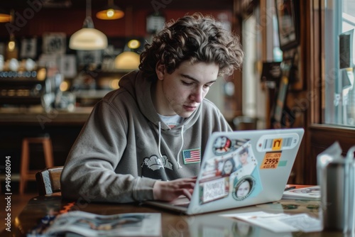 College-bound Student Studying in a Café with Laptop and Brochures