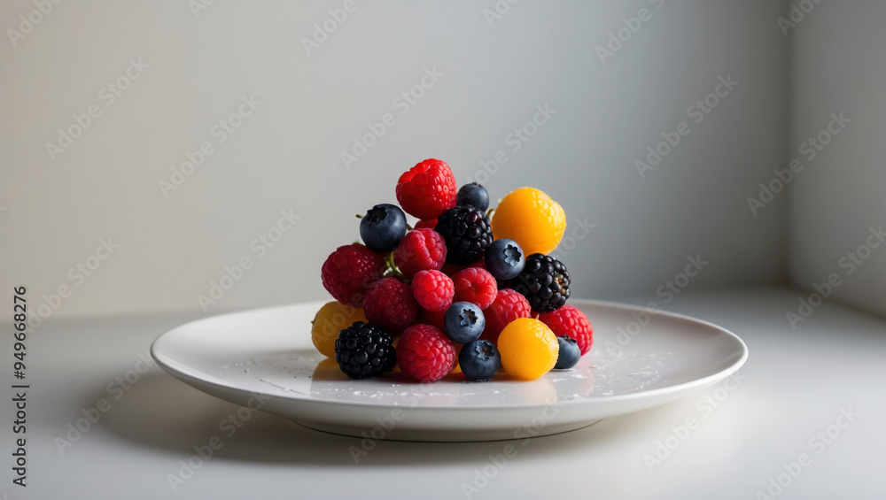 Delicately Arranged Mixed Berries on a White Plate Emphasizing Freshness and Simplicity