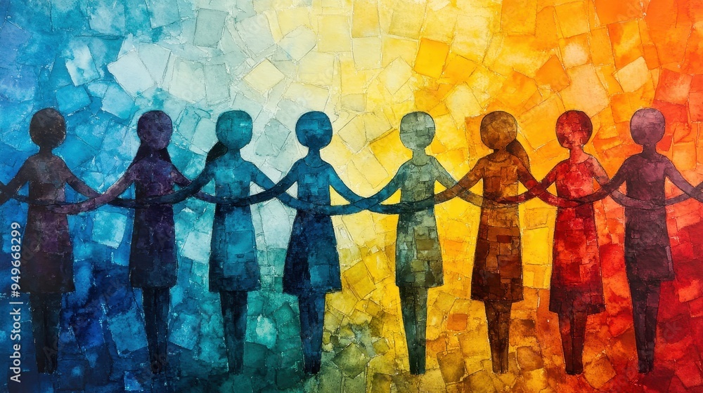 Naklejka premium Colorful silhouettes of people holding hands symbolize unity and diversity. vibrant background transitions from blue to orange, creating warm and inviting atmosphere.