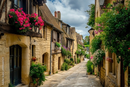 Stone-walled Alleyway with Overhanging Flowers in a French Village