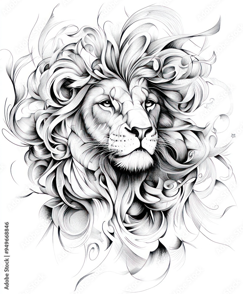 A stylized black and white illustration of a lion's head with flowing mane. A stylized black and white illustration of a lion's head with flowing mane.