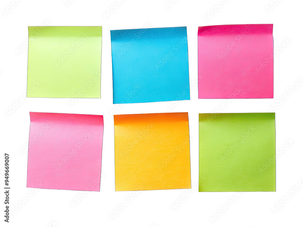 A row of six sticky notes in various bright colors arranged on a white surface. The notes are evenly spaced, and all face the viewer A row of six sticky notes in various bright colors arranged on a white surface. The notes are evenly spaced, and all face the viewer