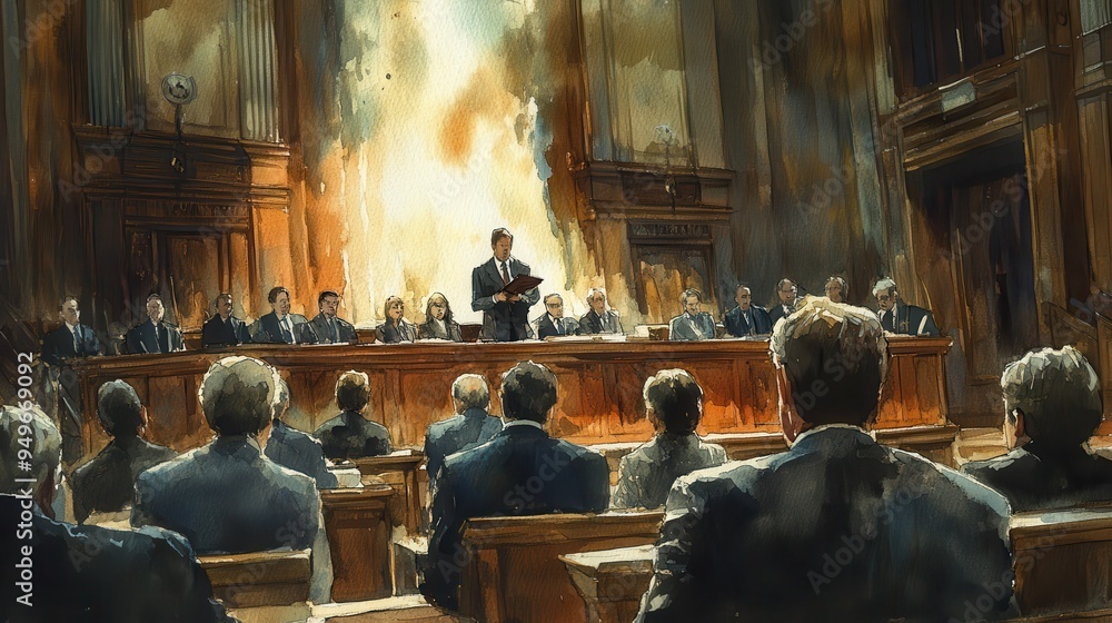 A courtroom scene depicting formal gathering with speaker addressing an audience. atmosphere conveys seriousness and focus. A courtroom scene depicting formal gathering with speaker addressing an audience. atmosphere conveys seriousness and focus.