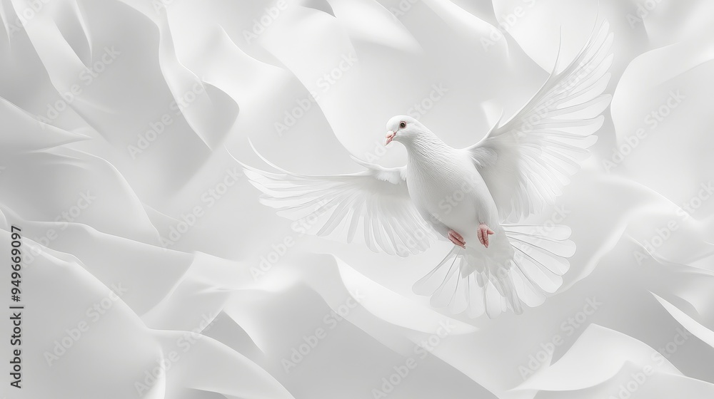 Fototapeta premium White dove flying gracefully against an abstract dynamic white-light grey background, symbolizing peace and freedom