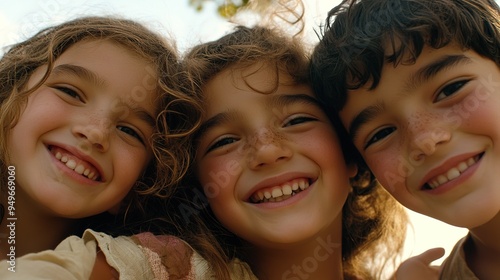 Multiracial children's close-up, joyful smiles facing the camera, diverse ethnic charm.