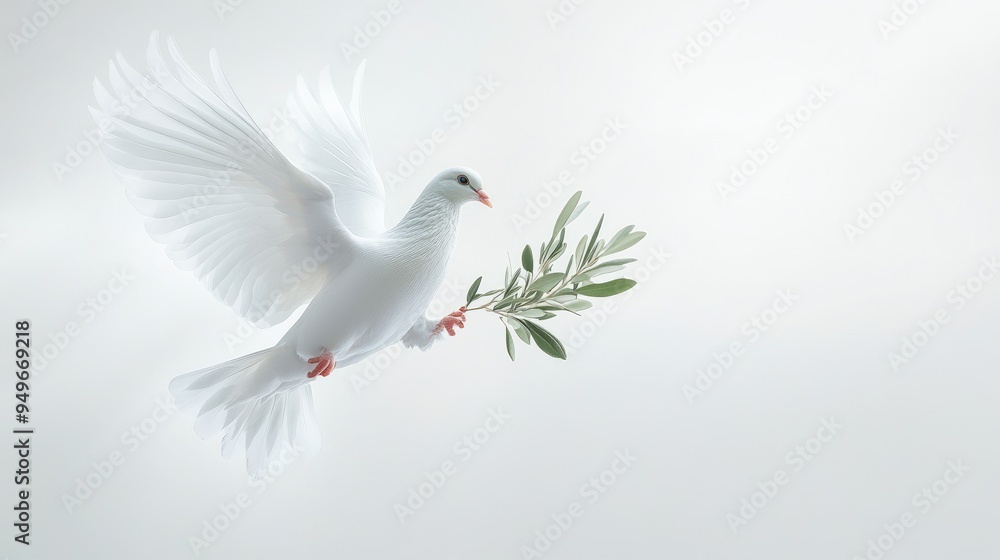 Fototapeta premium White dove holding a small olive branch, flying gracefully against an abstract dynamic white-light grey background