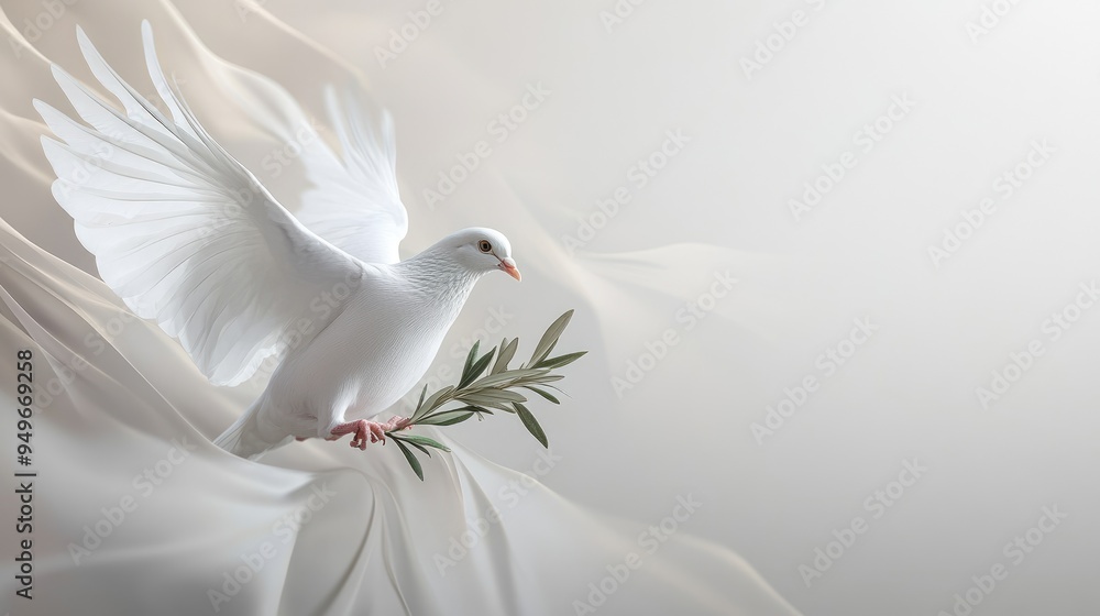 White dove in flight, holding an olive branch in its beak, set against an abstract dynamic white-light grey background, symbolizing peace and serenity