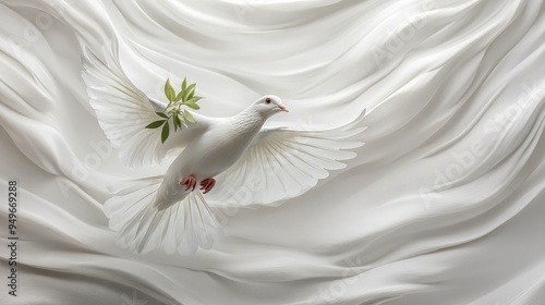 White dove in flight, holding an olive branch, set against a dynamic white-light grey abstract background, capturing the essence of peace