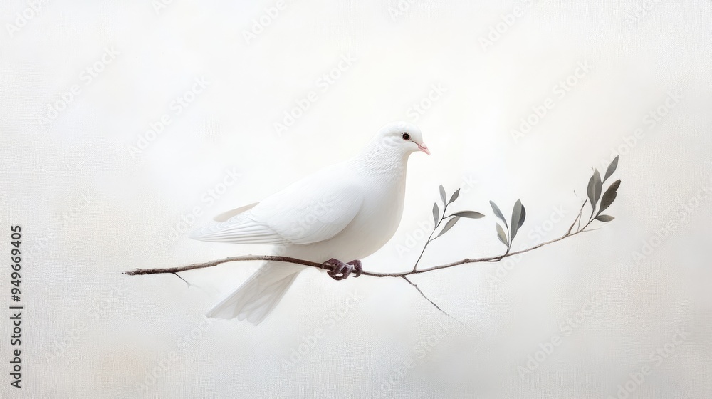 White dove perched on a tree branch, holding a small olive branch, set against an abstract dynamic white-light grey background White dove perched on a tree branch, holding a small olive branch, set against an abstract dynamic white-light grey background
