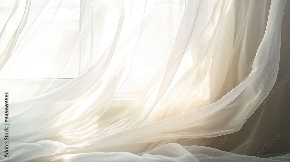 Obraz premium A white, sheer curtain blowing gently in the breeze, creating a soft, translucent barrier that filters light and views.