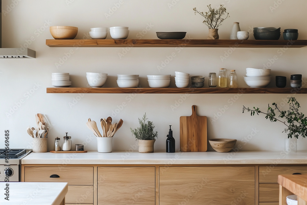 kitchenware counters, walls, and shelves with a modern Japandi minimal style, emphasizing a clean and light serene aesthetic: kitchenware counters, walls, and shelves with a modern Japandi minimal style, emphasizing a clean and light serene aesthetic: