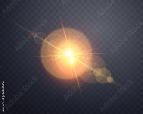 Orange sunlight lens flare, sun flash with rays and spotlight. Glowing burst explosion on a transparent background. Vector illustration.