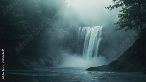 A waterfall cascading into a foggy abyss, with the flow of water symbolizing the continuous drift and passage of time.