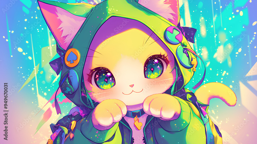Naklejka premium cute caracter cat wearing anime onesie dog costume