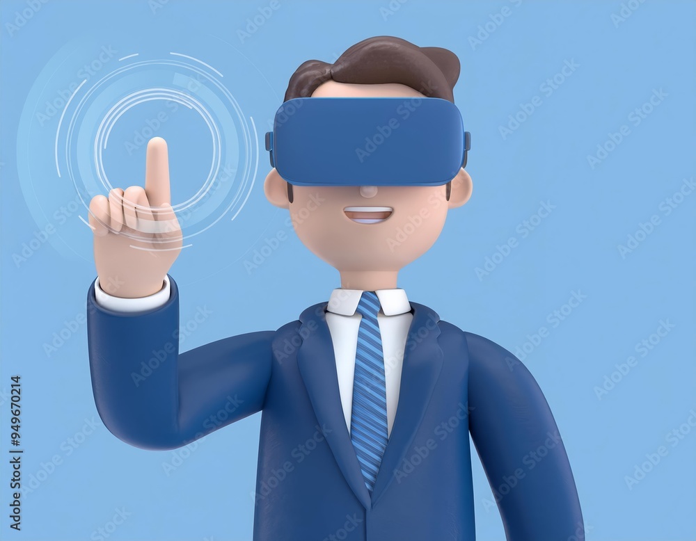 3D businessman wearing virtual reality goggles reaches out to touch a digital interface, 3D render illustration 3D businessman wearing virtual reality goggles reaches out to touch a digital interface, 3D render illustration