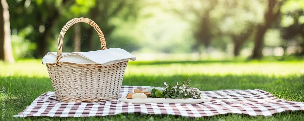 Checkered blanket with a picnic basket in the park, Picnic basket on checkered blanket, Classic picnic Checkered blanket with a picnic basket in the park, Picnic basket on checkered blanket, Classic picnic