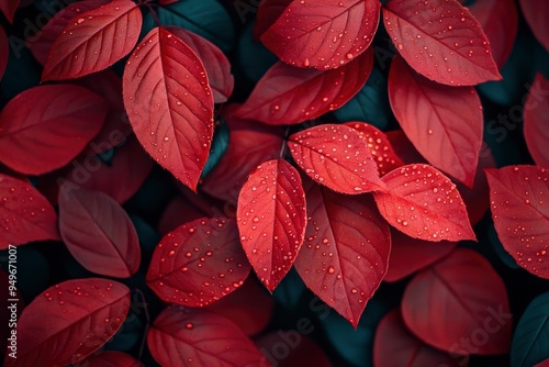 Dew-Kissed Crimson Leaves on a Dark Background