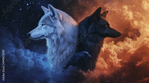 A white wolf and a black wolf stand back-to-back under a sky filled with stars. A raven perches between them, representing balance, duality, and the connection between the physical and spiritual realm