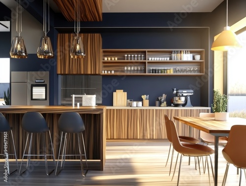 A modern and sleek kitchen interior, hardwood cabinetry, large windows allowing natural light, minimalist pendant lighting, woodgrain textures, navy blue accent walls, bar seating area with contempora