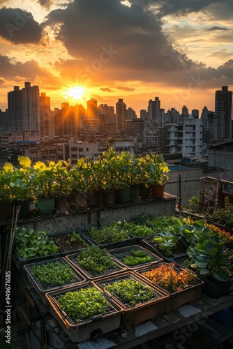 Urban rooftop farm with vertical planters and a rainwater collection system. Sun setting over the city, Generative AI photo