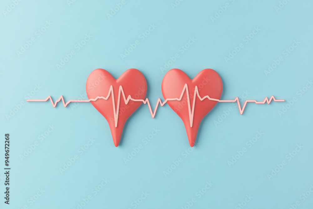 Heartbeat Connection, two stylized hearts alongside a heartbeat line on a soft blue background, representing love, health, and emotional bonds.