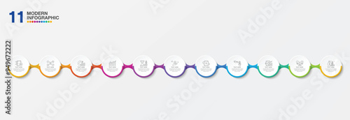 Infographic process design with icons and 11 options or steps.