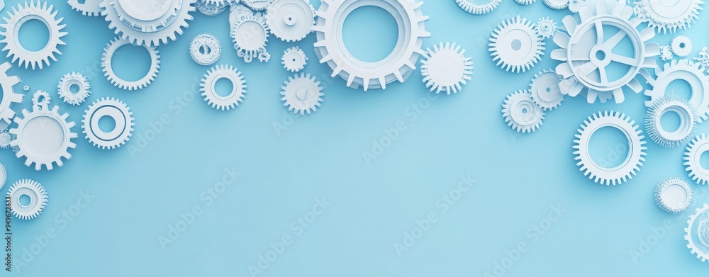 Abstract image of white gears on a blue background, symbolizing teamwork, collaboration, interconnectedness, machinery, and progress. Abstract image of white gears on a blue background, symbolizing teamwork, collaboration, interconnectedness, machinery, and progress.