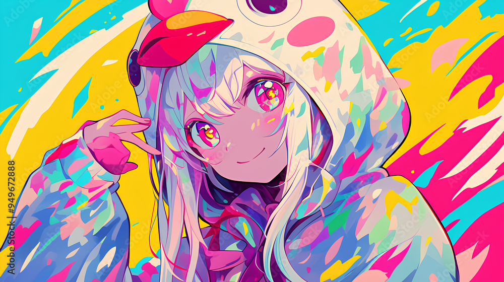 cute chicken character wearing anime onesie costume, anime style, cute kawaii, simple, smiling happy. neon psychedelic background cute chicken character wearing anime onesie costume, anime style, cute kawaii, simple, smiling happy. neon psychedelic background