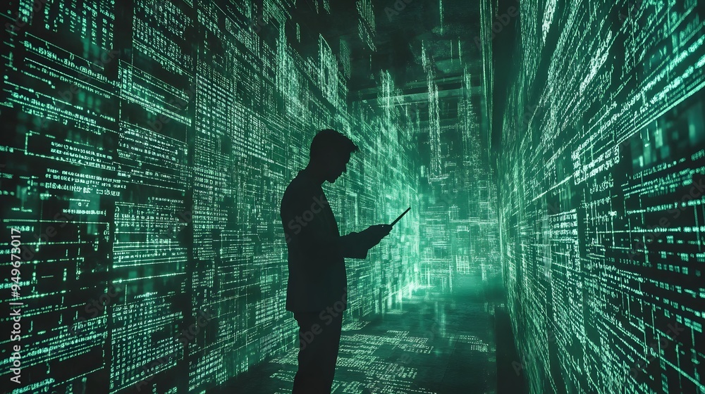 Developer writing HTML code in a futuristic matrix style digital ...