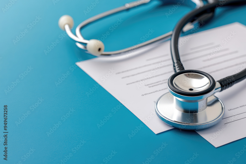 Medical consultation tools, a close-up of a stethoscope resting on a medical form, vibrant blue background emphasizing healthcare professionalism and readiness. Medical consultation tools, a close-up of a stethoscope resting on a medical form, vibrant blue background emphasizing healthcare professionalism and readiness.