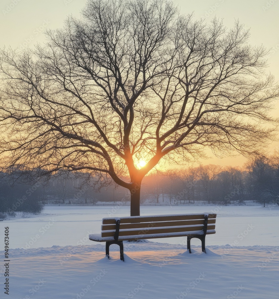 A Lonely Bench in a Snowy Park at Sunset A Lonely Bench in a Snowy Park at Sunset
