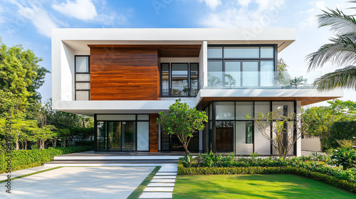 Modern architectural design of a sleek, two-story house surrounded by greenery on a sunny day