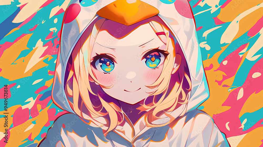 Naklejka premium cute chicken character wearing anime onesie costume, anime style, cute kawaii, simple, smiling happy. neon psychedelic background