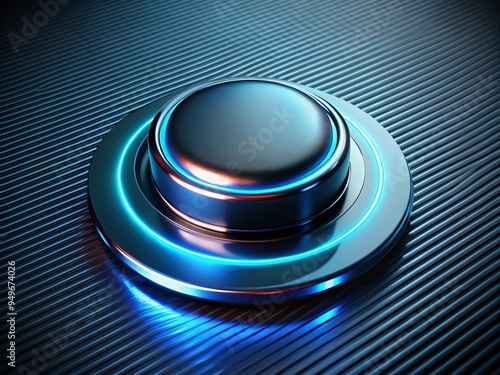 Futuristic, 3D-rendered image of a glowing neon button hovering above a sleek, metallic surface on a dark background with a sense of advanced technology. photo