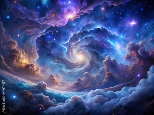 ethereal landscapes of nebulae with swirling clouds of gas and dust forming stunning patterns in deep blues and purples with a sense of celestial wonder