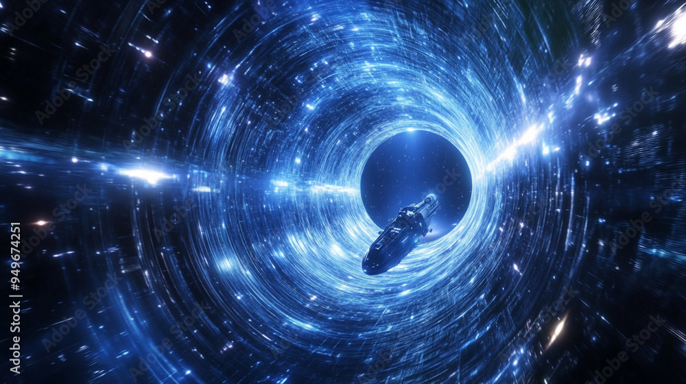 Obraz premium Spaceship navigating a wormhole in curved spacetime.