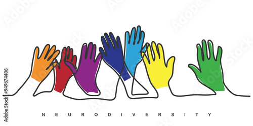 continuous hand drawn line art vector of different hands painted in different colors symbolizing neurodiversity. Acceptance and recognition of different shades of life.