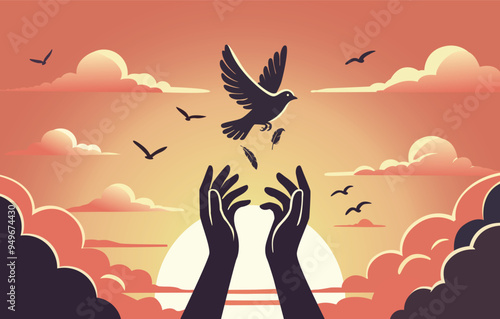 Hands Releasing Bird in Sunset Sky Minimal Style