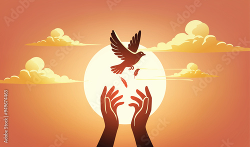 Hands Releasing Dove at Sunset for Peace