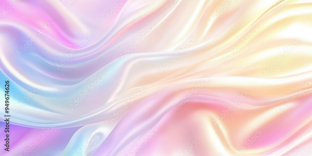 Fototapeta premium fabric folds, smooth flowing fabric texture, blend of pastel colors including pink blue yellow, soft gradient, colorful background. Marketing material background for events like weddings or galas
