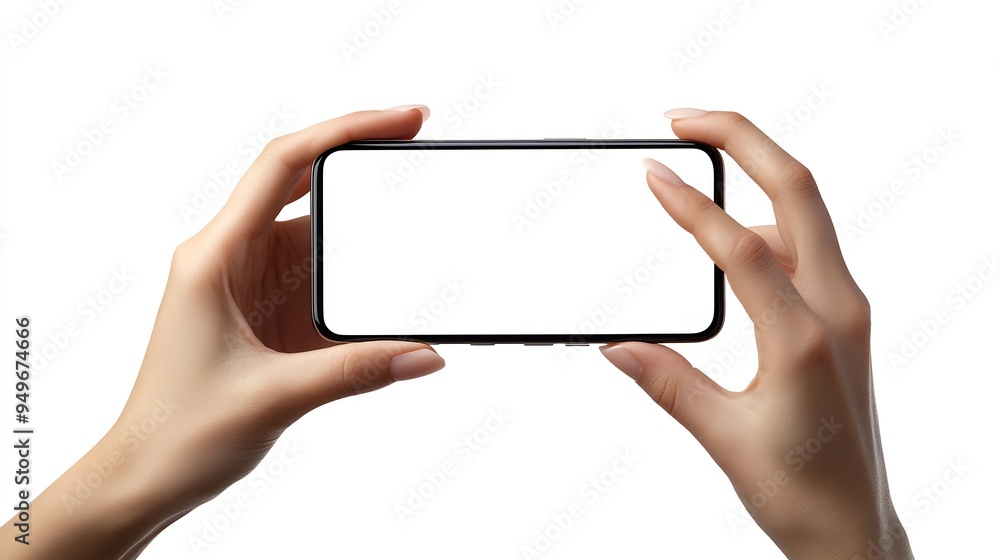 Hand using smartphone with blank screen isolated on white background : Generative AI Hand using smartphone with blank screen isolated on white background : Generative AI