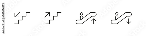 Stairs icon. Escalator sign. Step up down vector set. Staircase signs isolated.