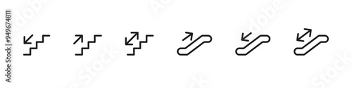 Stairs icon. Escalator sign. Step up down vector set. Staircase signs isolated.