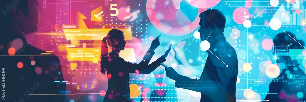 Obraz premium Two business professionals stand silhouetted against a backdrop of colorful data visualizations, representing teamwork, innovation, and technology. The image symbolizes collaboration, data analysis, a