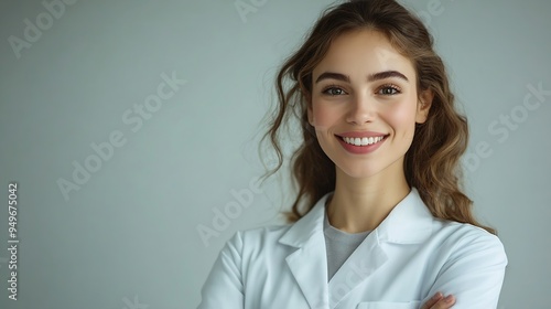 satisfied young woman with wide toothy smile wearing a white coat holding documents and standing armcrossed medium shot business concept studio shot copy space High quality photo : Generative AI