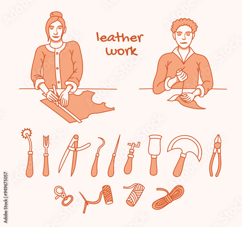 Fabrication artisanale : création avec du cuir, une femme et un homme en train de coudre et fabriquer des objets avec des outils pour travailler le cuir
