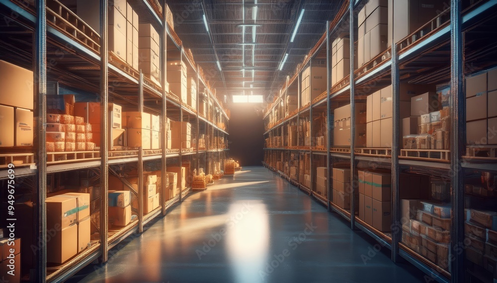 Warehouse aisle lined with stacked cardboard boxes Warehouse aisle lined with stacked cardboard boxes